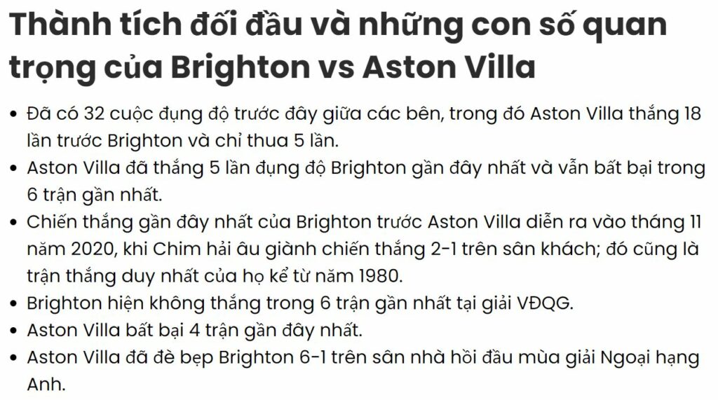 Brighton & Hove Albion vs Aston Villa số liệu thống kê