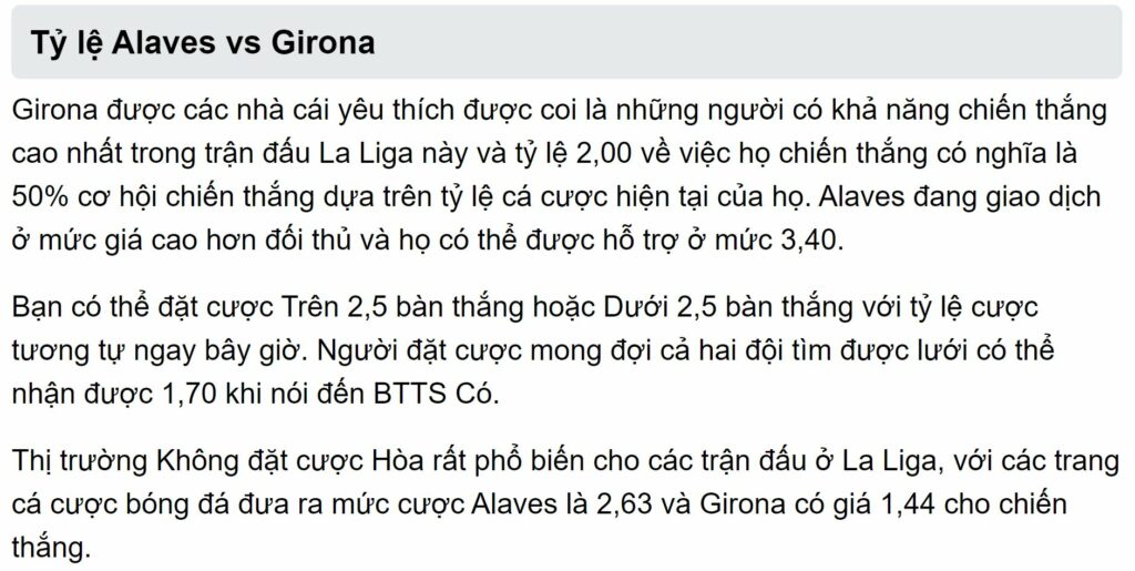 Tỷ lệ Alaves vs Girona
